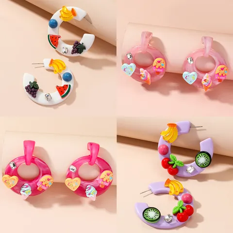 Women Cute Acrylic Fruit Heart Ice Cream Hoop Earrings Sweet Contrast Color Rhinestone C-Shaped Earring Jewelry
