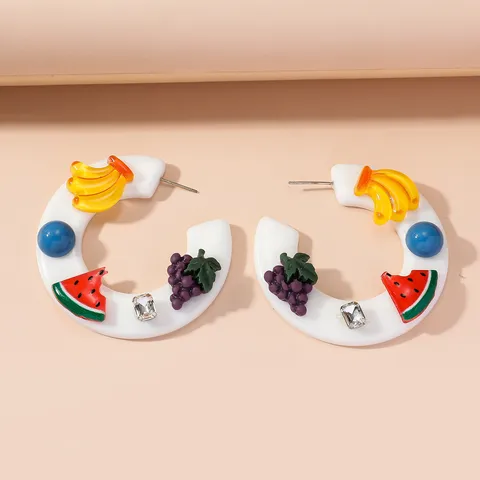 Women Cute Acrylic Fruit Heart Ice Cream Hoop Earrings Sweet Contrast Color Rhinestone C-Shaped Earring Jewelry