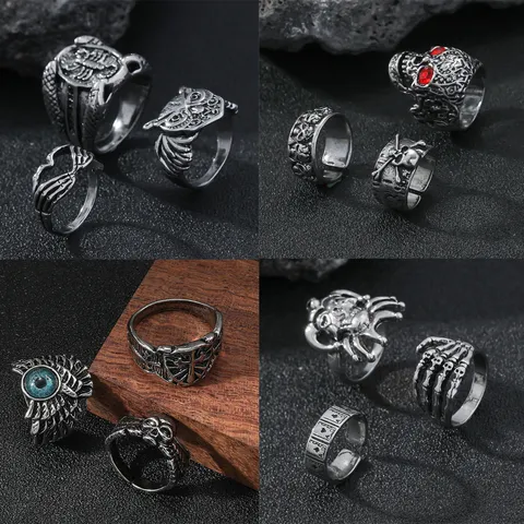 Vintage Punk Skull Rings Set For Men Gothic Skeleton Devil Eye Cross Alloy Rhinestone Finger Rings Hip Hop Jewelry