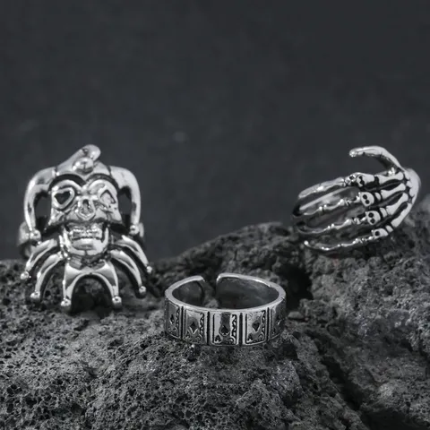 Vintage Punk Skull Rings Set For Men Gothic Skeleton Devil Eye Cross Alloy Rhinestone Finger Rings Hip Hop Jewelry