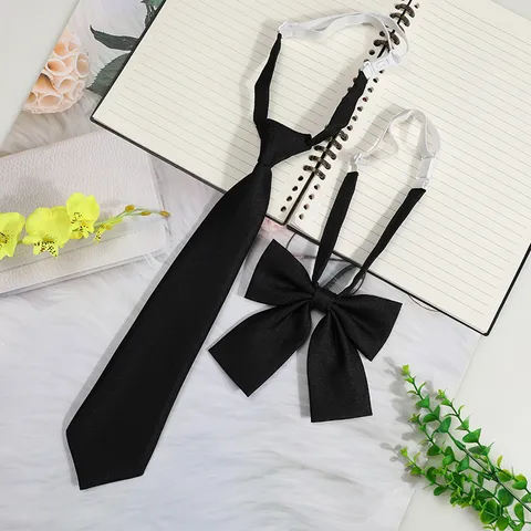 JK Japanese College Style Women Tie And Bow Set Solid Color Polyester Pre-Tied Necktie With Collar Flower