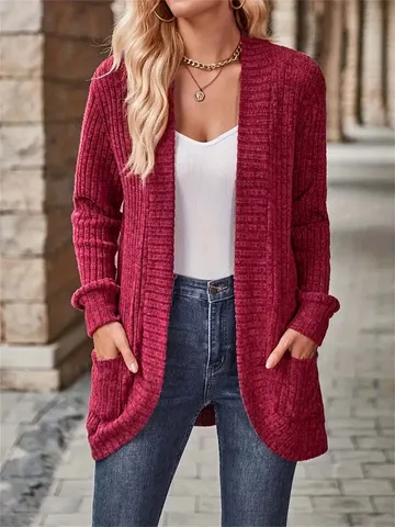 Gilet Cardigan Long Ouvert Uni Décontracté pour Femmes Vêtement d'Extérieur en Tricot Brossé Ample Poche Automne