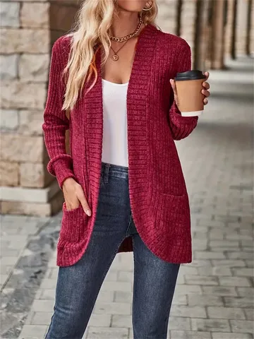 Gilet Cardigan Long Ouvert Uni Décontracté pour Femmes Vêtement d'Extérieur en Tricot Brossé Ample Poche Automne
