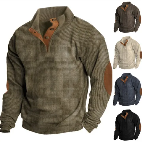 Men's Casual Long Sleeve Corduroy Henley Sweatshirt Stand Collar Patchwork Pullover Autumn Fashion Male Clothing