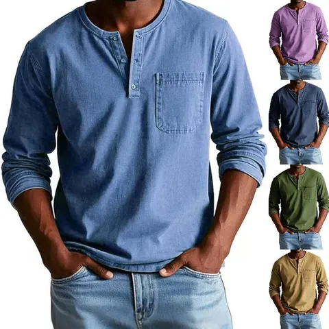 T-Shirt à Manches Longues et Col Rond Casual pour Hommes Coupe Ajustée Uni Top Pullover Avec Poche