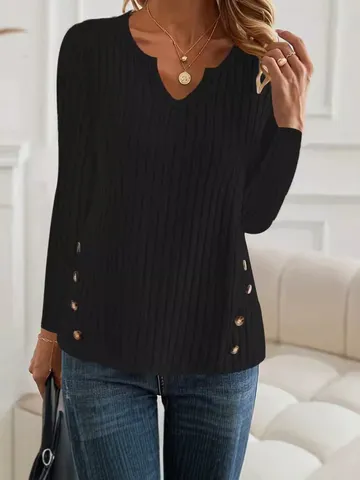 Dames Casual Lange Mouw Knit Top V-Hals Effen Kleur Knop Pullover
