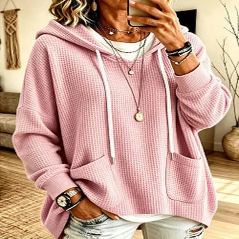 Sweat à Capuche Décontracté à Manches Longues en Tricot Gaufré pour Femmes Couleur Unie Pull Ample avec Poche et Cordon de Serrage