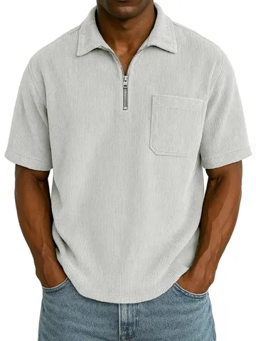 T-Shirt Polo Décontracté en Velours Côtelé Manches Courtes Fermeture Éclair Homme Couleur Unie Col Rabattu Été