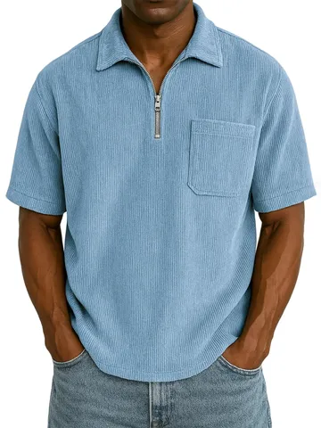 T-Shirt Polo Décontracté en Velours Côtelé Manches Courtes Fermeture Éclair Homme Couleur Unie Col Rabattu Été