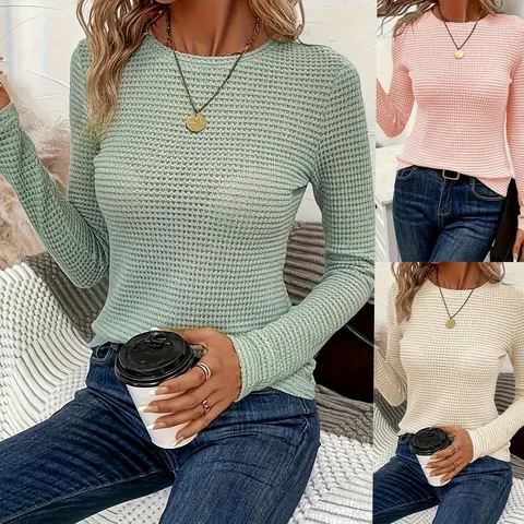 Γυναικείο Casual Slim Fit Long Sleeve Crew Neck Waffle Knit T-Shirt Solid Color Basic Pullover Top