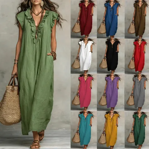 Robe Maxi Longue Décontractée de Plage en Coton Uni Col V Manches Volants Bohémien pour Femmes