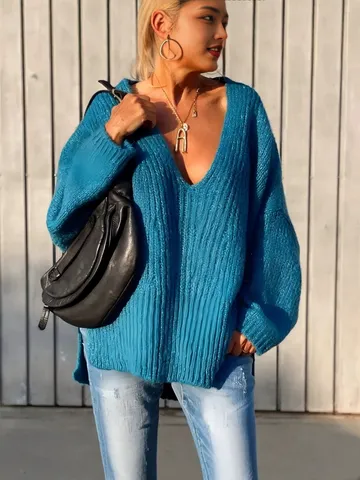 Women's Casual V-Neck Solid Color Loose Knitted Pullover Sweater Fall Winter Fashion Ribbed Knitwear Top