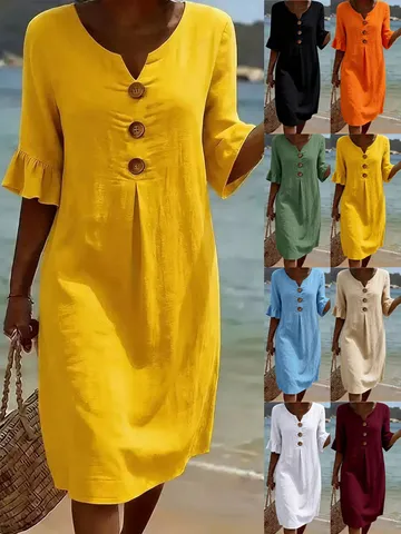 Abito Midi e Top Casual Scollo a V Tinta Unita Bottone Mezza Manica da Donna Moda Estiva Abbigliamento Casual