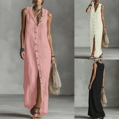 Damen Casual Einfarbig Mit Kapuze Ärmellos Kleid Einfach Einreihig Cardigan Cover-Up