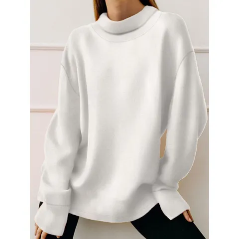 Sweat-shirt Casual à Col Montant Manches Longues pour Femmes Couleur Unie Pull Ample Automne Hiver Haut Mode