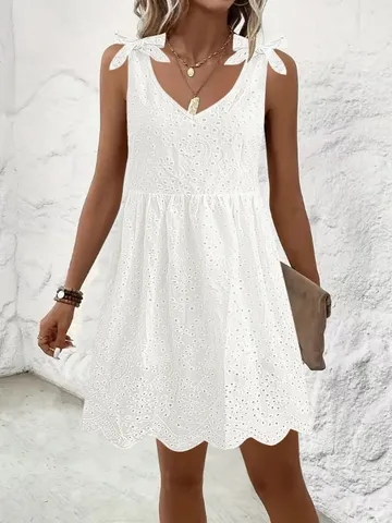 Robe Nuisette Jacquard Sans Manches Col en V Été pour Femmes Doux Nœud Papillon Robe Courte Casual Élégante Fête Plage