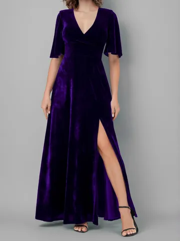 Women's Elegant V-Neck Half Sleeve Split Solid Color Velvet Maxi Dress Formal Evening Party Dress