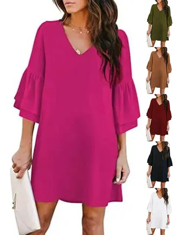 Women's Summer Solid Color V-Neck Trumpet Sleeve Loose Casual Midi Dress Elegant Polyester Woven Daily Wear Women Dress