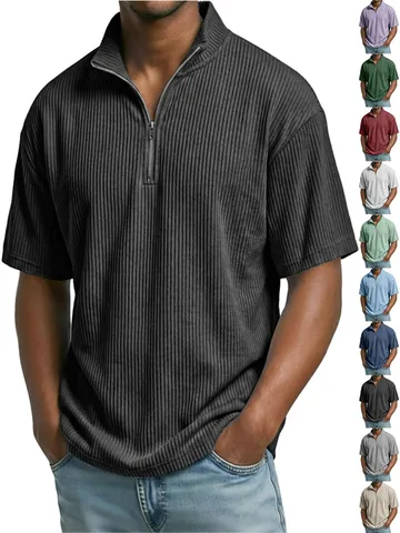 Chemise Polo Casual en Velours Coton pour Hommes Été Manches Courtes Demi-Zip Col Montant Couleur Unie