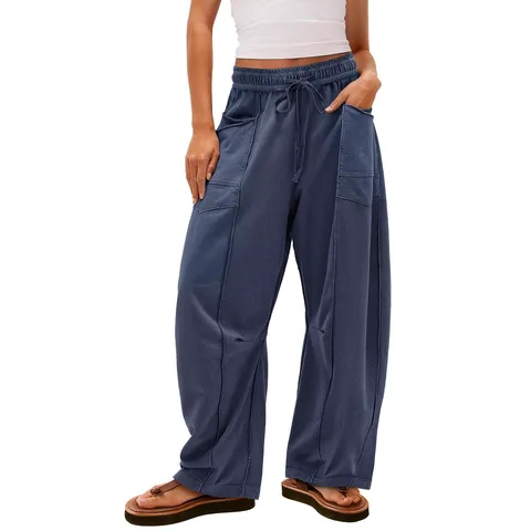 Femmes Décontracté Taille Haute Amample Pantalon Large Couleur Unie Cordon Long Pantalon Survêtement Bas