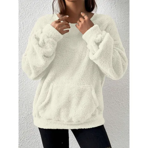 Women's Casual Solid Color Long Sleeve Fleece Sweatshirt Autumn Winter Pullover Basic Crew Neck Top