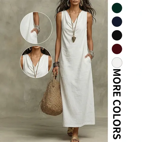 Women's Casual Summer Maxi Dress Solid Color Sleeveless Cowl Neck Loose Long Vest Dress Beach Daily Vacation Apparel