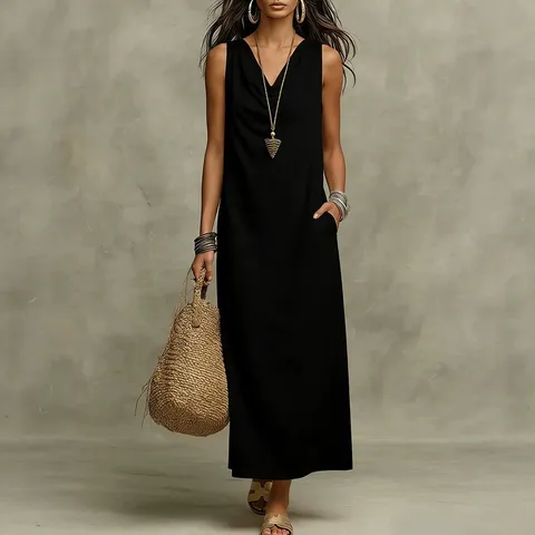 Women's Casual Summer Maxi Dress Solid Color Sleeveless Cowl Neck Loose Long Vest Dress Beach Daily Vacation Apparel