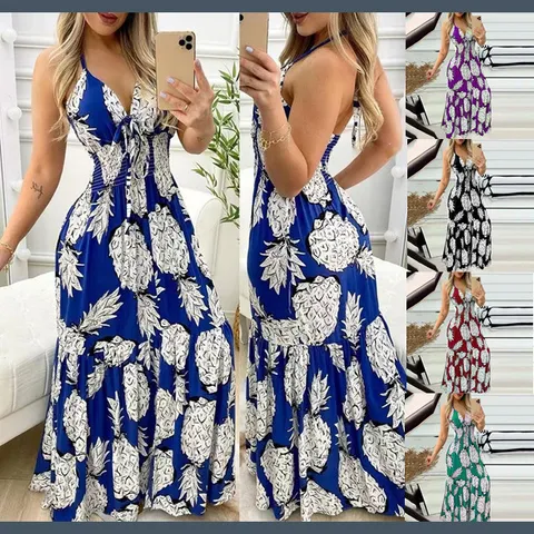 Women Summer Boho Tropical Pineapple Floral Print V-Neck Sleeveless High Waist Long Maxi Slip Dress Beachwear