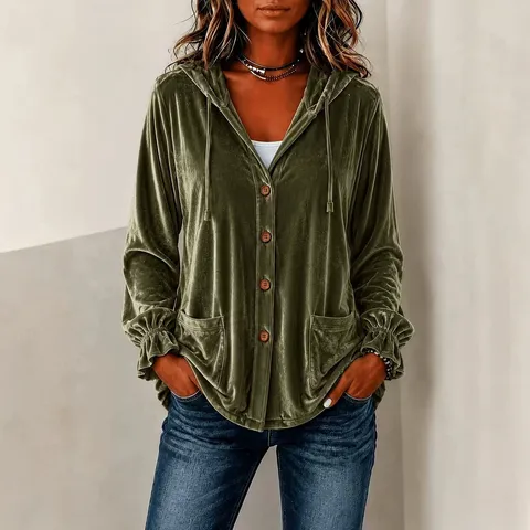 Veste Cardigan à Capuche en Velours pour Femmes Manches Longues Boutons Devant Couleur Unie Automne Hiver