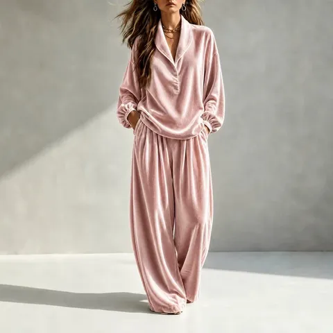 Ensemble Haut et Pantalon Large en Velours Manches Longues Revers Décontracté pour Femmes Couleur Unie Ample Survêtement Deux Pièces