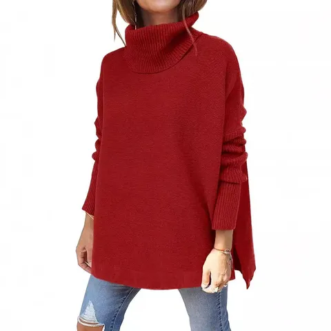 Women's High Neck Batwing Sleeve Mid-Length Pullover Sweater Casual Solid Color Knitwear Winter Top
