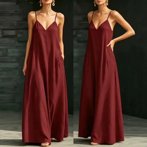 Women's Casual Summer V-Neck Spaghetti Strap Maxi Dress Loose Solid Color Sleeveless Long Dresses Beach Holiday Party Wear