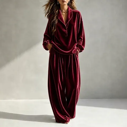 Ensemble Haut et Pantalon Large en Velours Manches Longues Revers Décontracté pour Femmes Couleur Unie Ample Survêtement Deux Pièces