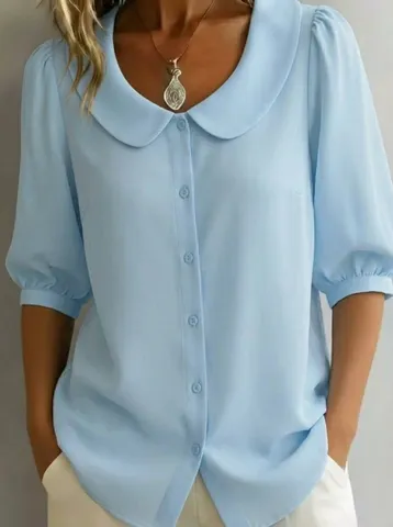 Women's Casual Short Sleeve Shirt Peter Pan Collar Single-Breasted Loose Casual Polyester Blouse Summer Commuting Top