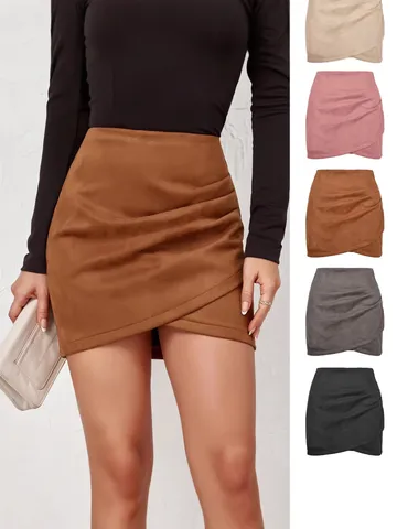 Femme Automne Hiver Suède Couleur Unie Taille Haute Cintre Jupe Moulante Mini-jupe Décontracté Froncé Irrégulier Fermeture Éclair Jupe Courte