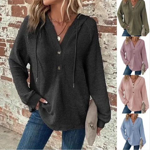 Sweat à Capuche Décontracté en Tricot Gaufré pour Femmes Cordon Bouton Col V Manches Longues
