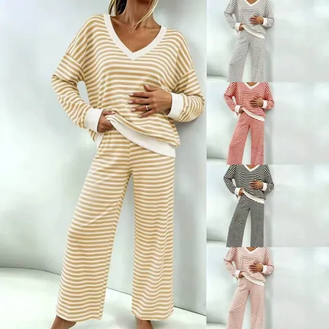 Haut à Manches Longues et Col en V à Rayures Décontracté pour Femmes et Pantalon de Pyjama Droit à Taille Haute pour la Maison