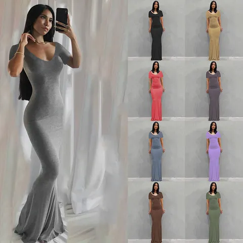 Robe Maxi Slim Fit en Mélange de Modal Décontractée pour Femmes Couleur Unie Manches Courtes Col Rond Élégante Longue Robe