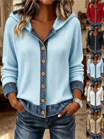 Damen Casual Denim Spliced Knitted Hooded Cardigan Sweater Long Sleeve Single Breasted Button Knit Outerwear