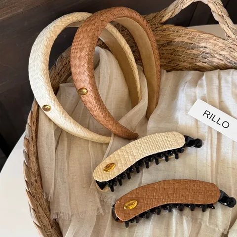 Womens Straw Woven Banana Clip And Headband Set Elegant Metal Buckle Hair Accessories Daily Styling Hair Claw Ponytail Holder