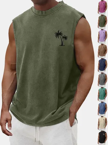 Men's Vintage Washed Loose Casual Tank Top Pure Cotton Summer Sleeveless Shirt Palm Tree Print Basic Fitness Gym Vest