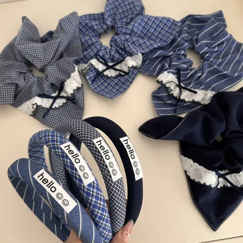 Navy Blue Hair Scrunchies Lace Bow Plaid Striped Hair Ties Elegant Headwear Hair Accessories For Women Girls Daily Styling