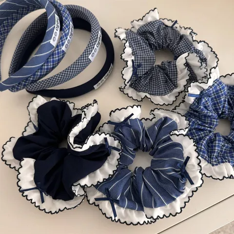 Navy Blue Hair Scrunchies Lace Bow Plaid Striped Hair Ties Elegant Headwear Hair Accessories For Women Girls Daily Styling