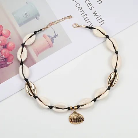 Collana Choker Bohémien Tessuta a Mano Con Conchiglie di Cauri Naturali per Donna Ciondolo a Conchiglia in Lega Regolabile