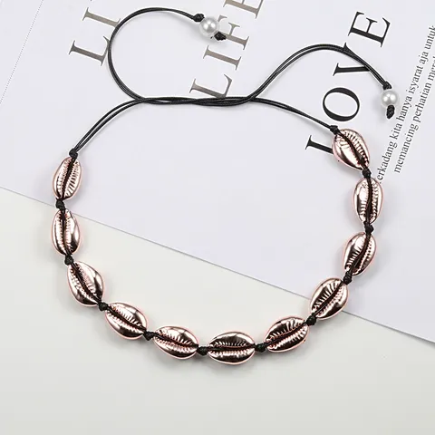 Bohemian Vacation Shell Choker Necklace Rose Gold Plated Handmade Cord Adjustable Artificial Pearl Collar For Women Men Beach Jewelry