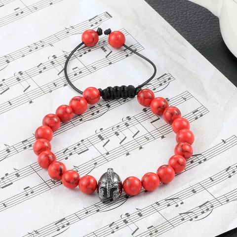 Retro Legering Helm Bedel Steen Kralen Armband Handgeweven Verstelbaar Spaanse Krijger Vulkanische Lavasteen Turkoois Yoga Koord Armband Voor Mannen Vrouwen