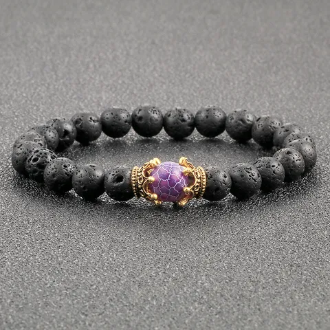 Natürliches Vulkanstein Perlenarmband Mit Kronenanhänger Aus Legierung Elastisches Seil Modeschmuck Handkette Für Unisex