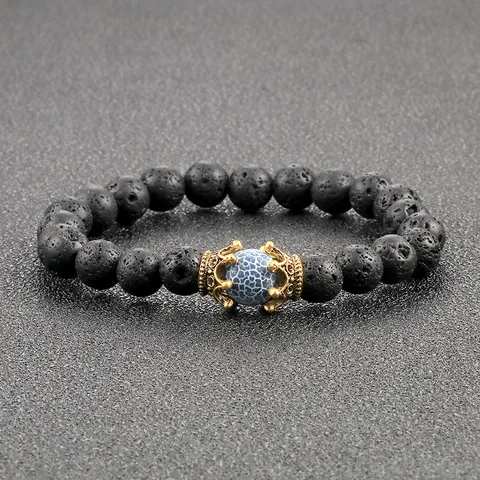 Natürliches Vulkanstein Perlenarmband Mit Kronenanhänger Aus Legierung Elastisches Seil Modeschmuck Handkette Für Unisex