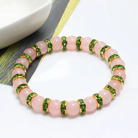 Sweet Artificial Crystal Pink Stone Bead Single Loop Bracelet For Women Girls Fashion Rhinestone Inlaid Geometric Strand Bracelet Hand Jewelry Gift