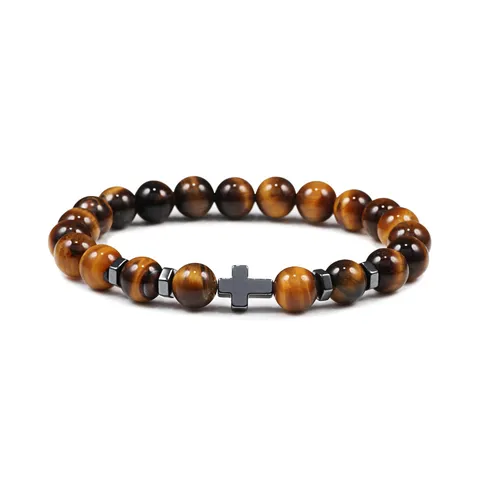 Vintage Steen Kruis Energie Kralen Armband Mode Unisex Lava Rots Tijgeroog Volleybal Yoga Stretching Streng Elastisch Bedel Sieraden Polsband Cadeau